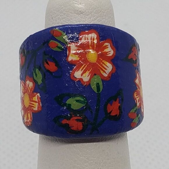 Boho Blue, Red, & Green Floral Wooden Ring - Picture 1 of 6
